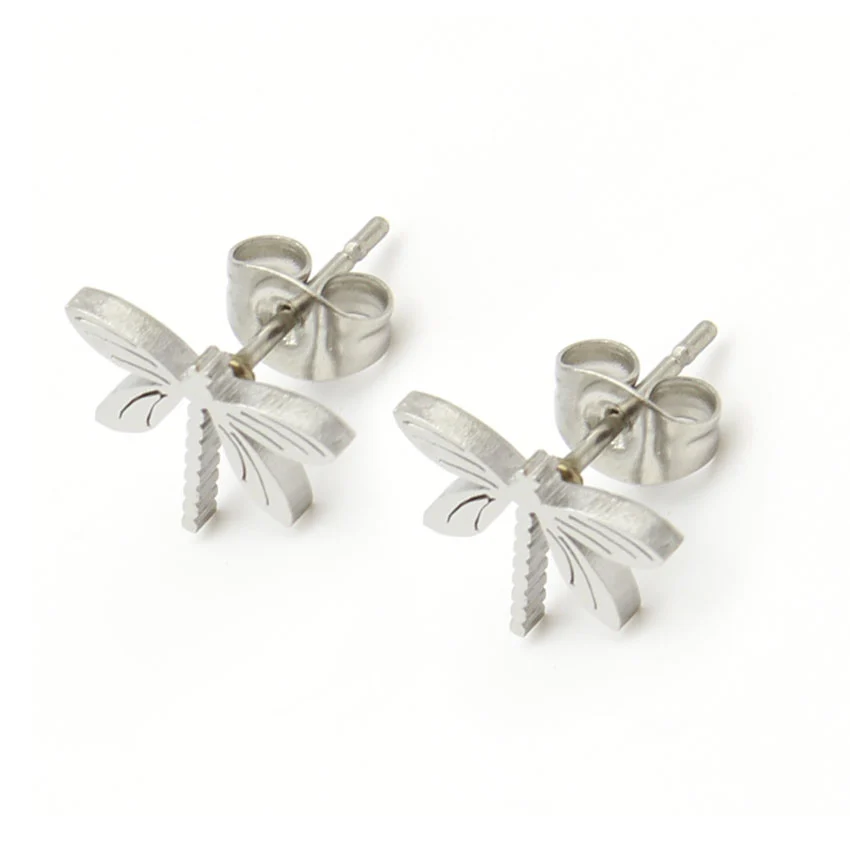 Aretes Broquel Acero Plateado Libelula Alas De Naturaleza