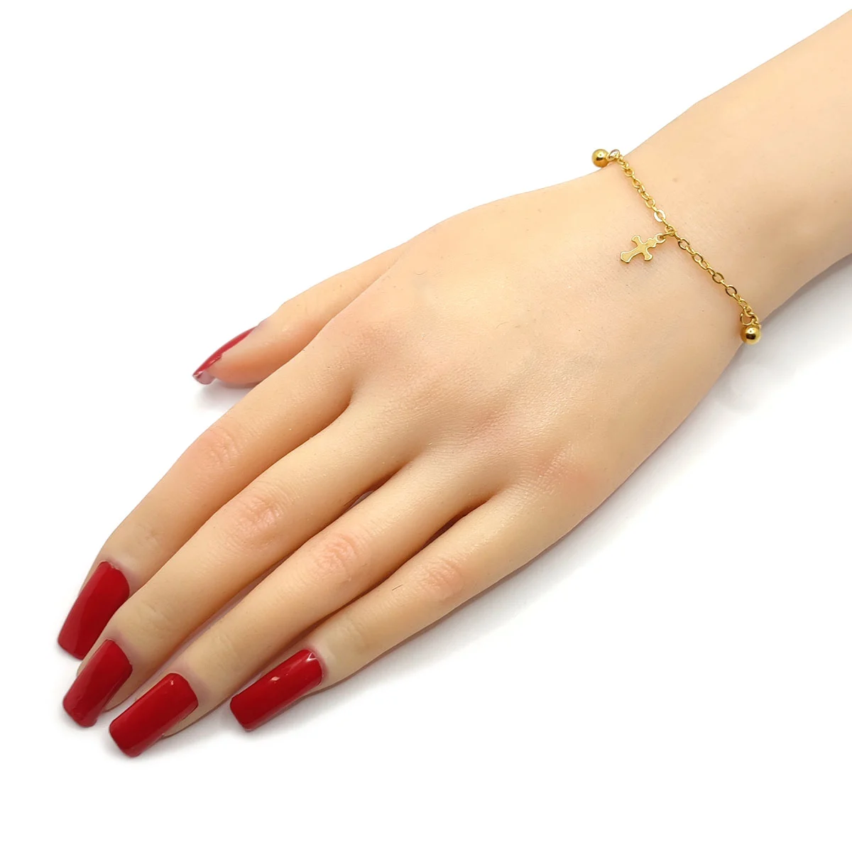 Pulsera Acero Dorado Colgantes Balines y Cruz Gotica