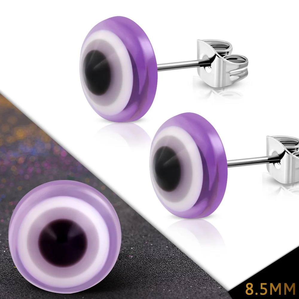 Aretes Acero Plateado Tipo Broquel Ojo Turco Morado