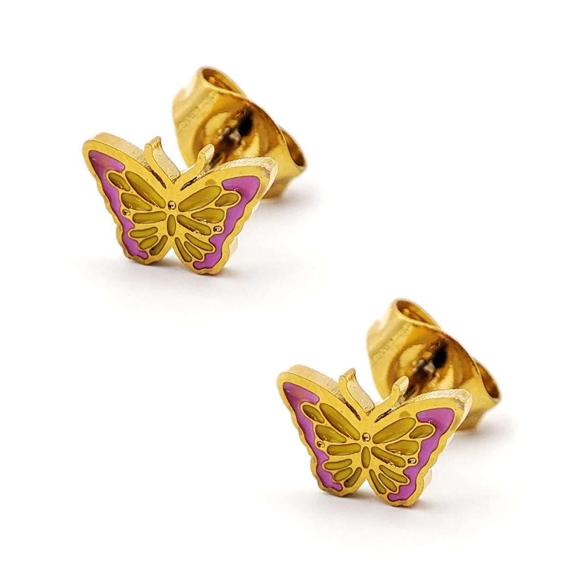 Aretes Acero Dorado Broquel Mariposa Esmaltado Rosa