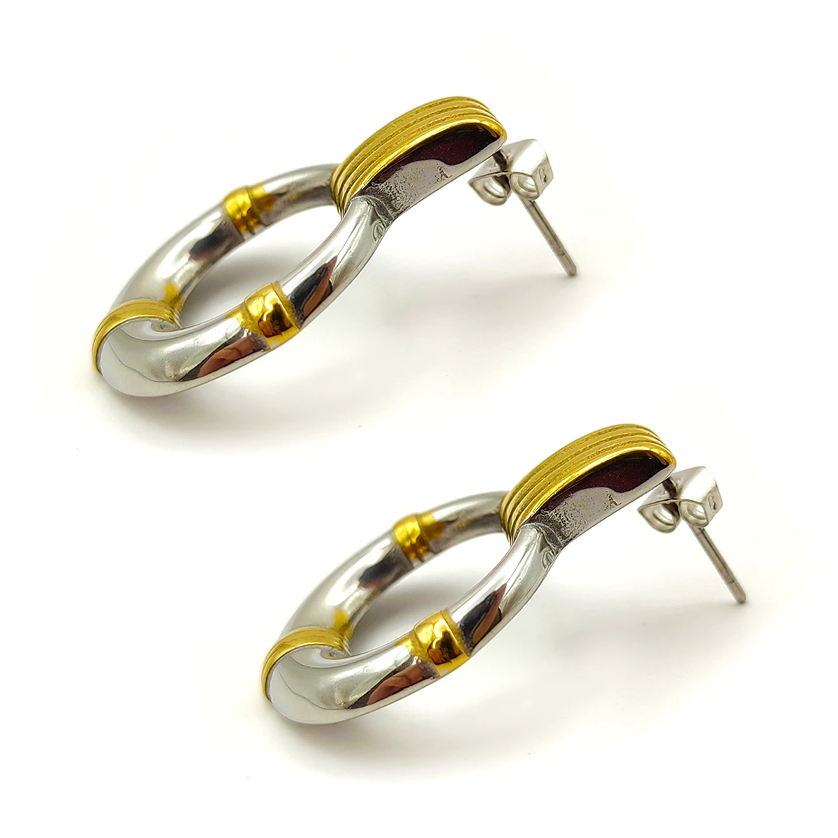 Aretes Acero Inox Bicolor Circulo Hueco Textura Lineas
