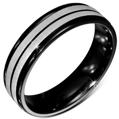 Anillo Acero Inoxidable Negro y Plata Diseño Estriado