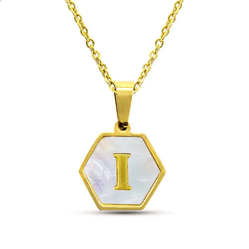 Collar Acero Inox Dorado Hexagonal Letra I Madre Perla