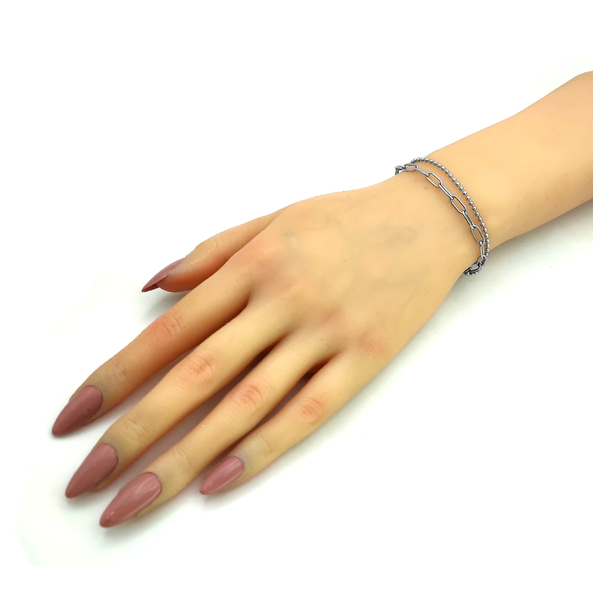 Pulsera Acero Plateado Doble Eslabon Oval Bolitas Militar