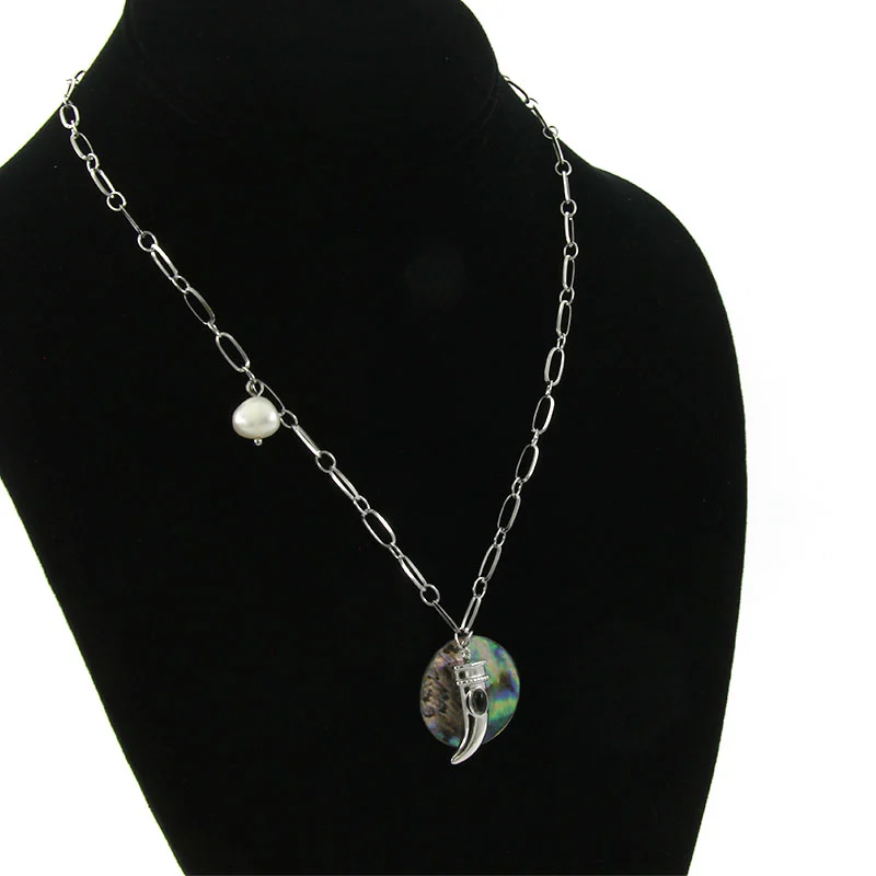 Collar Acero Inox Plateado Colmillo Abulon Perla Natural