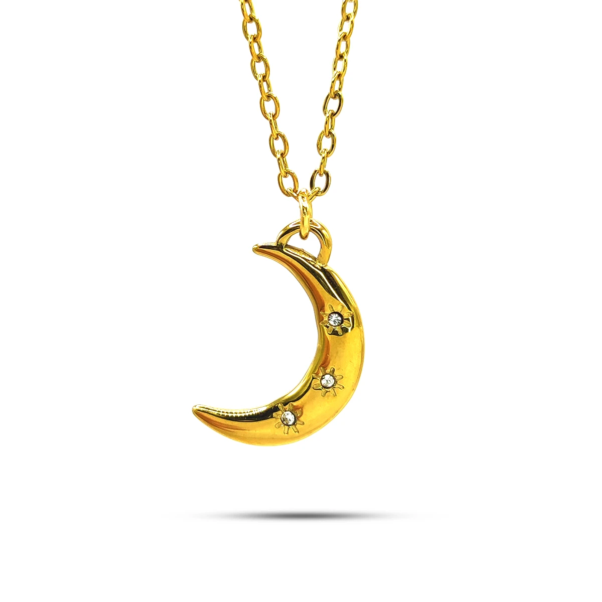 Collar Acero Inox Luna Tres Cristales Claros Estrellas