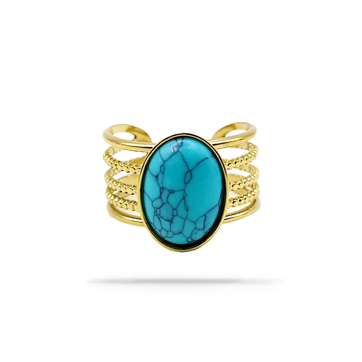 Anillo Acero Dorado Ajustable Lineas Ancho Turquesa Oval
