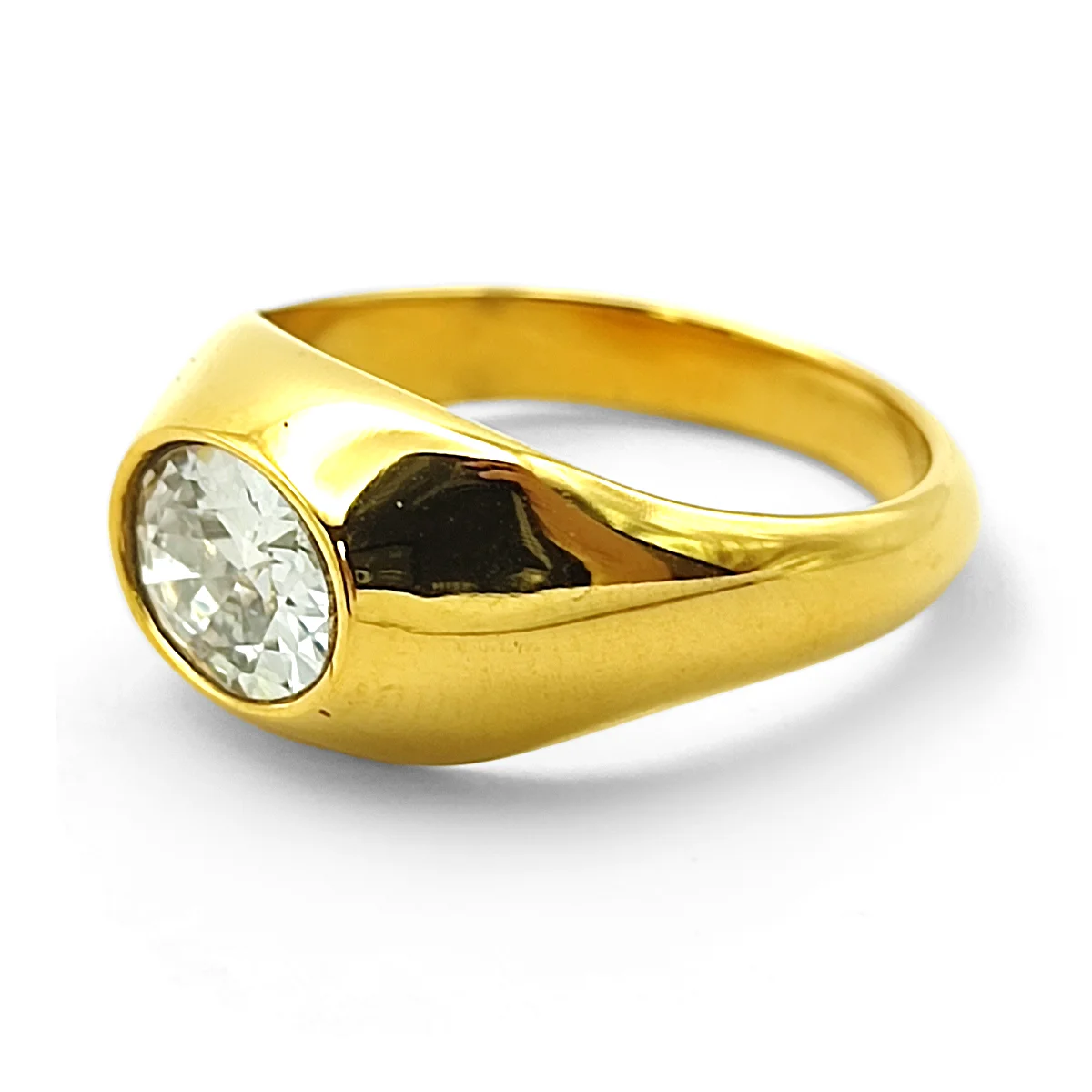 Anillo Acero Inox Dorado Chunky Zirconia Oval Central