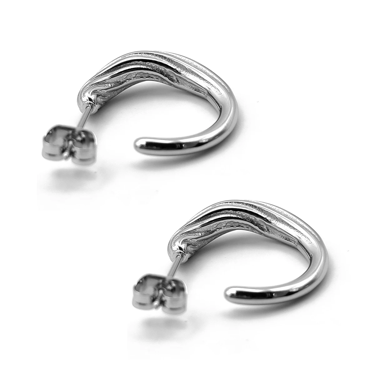 Aretes Acero Plateado Arracada Acanalada Diseño Irregular