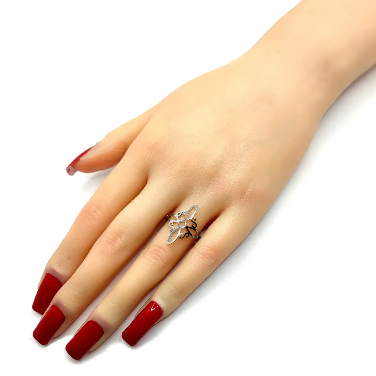 Anillo Acero Plateado Ajustable Nudo de Bruja Protección