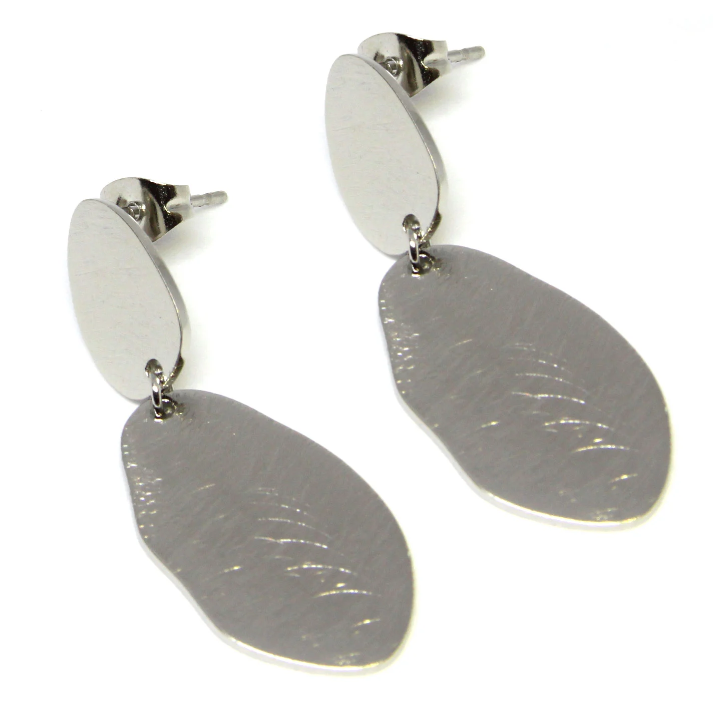 Aretes Acero Plateado Doble Placa Cepillada Textura