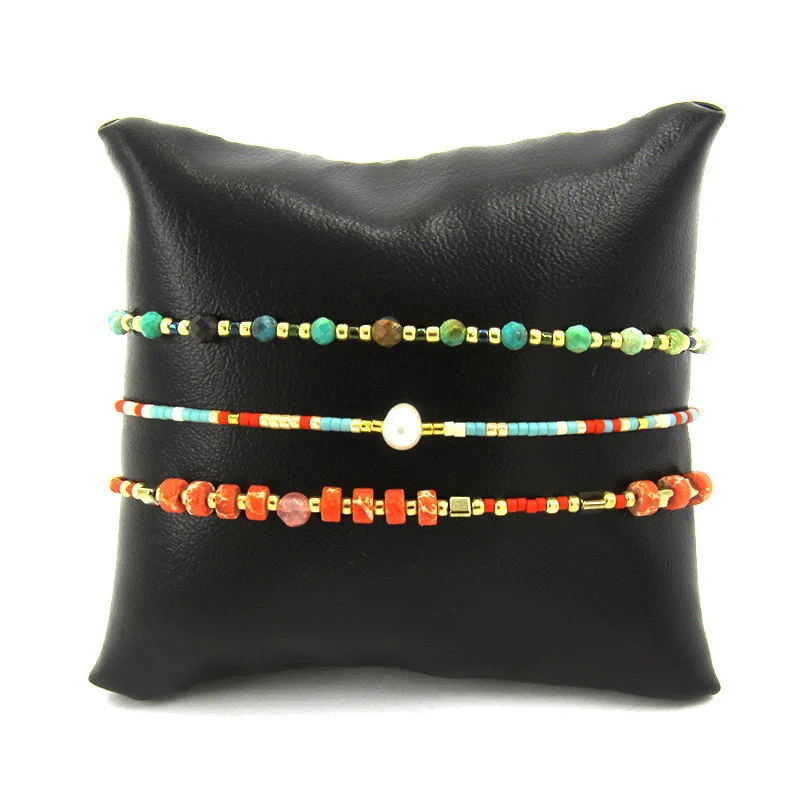 Juego Pulsera 3 Pzas Salmon Azul Cristales Piedra Perla