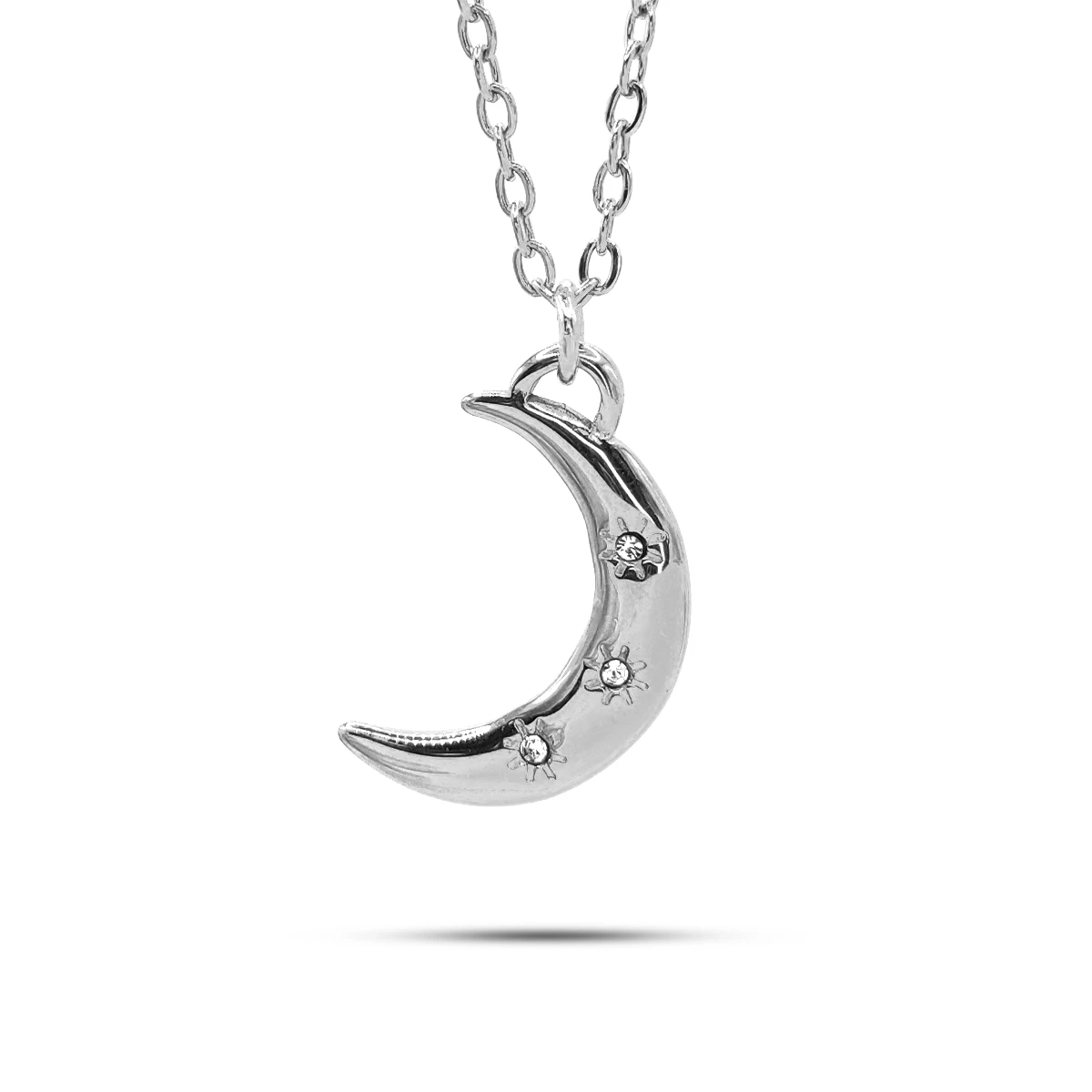 Collar Acero Inox Luna Tres Cristales Claros Estrellas
