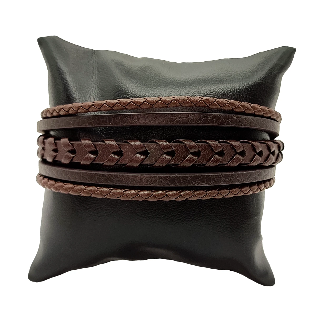 Pulsera Acero Plateado Piel Cafe 5 Tiras Tejidas y Lisa