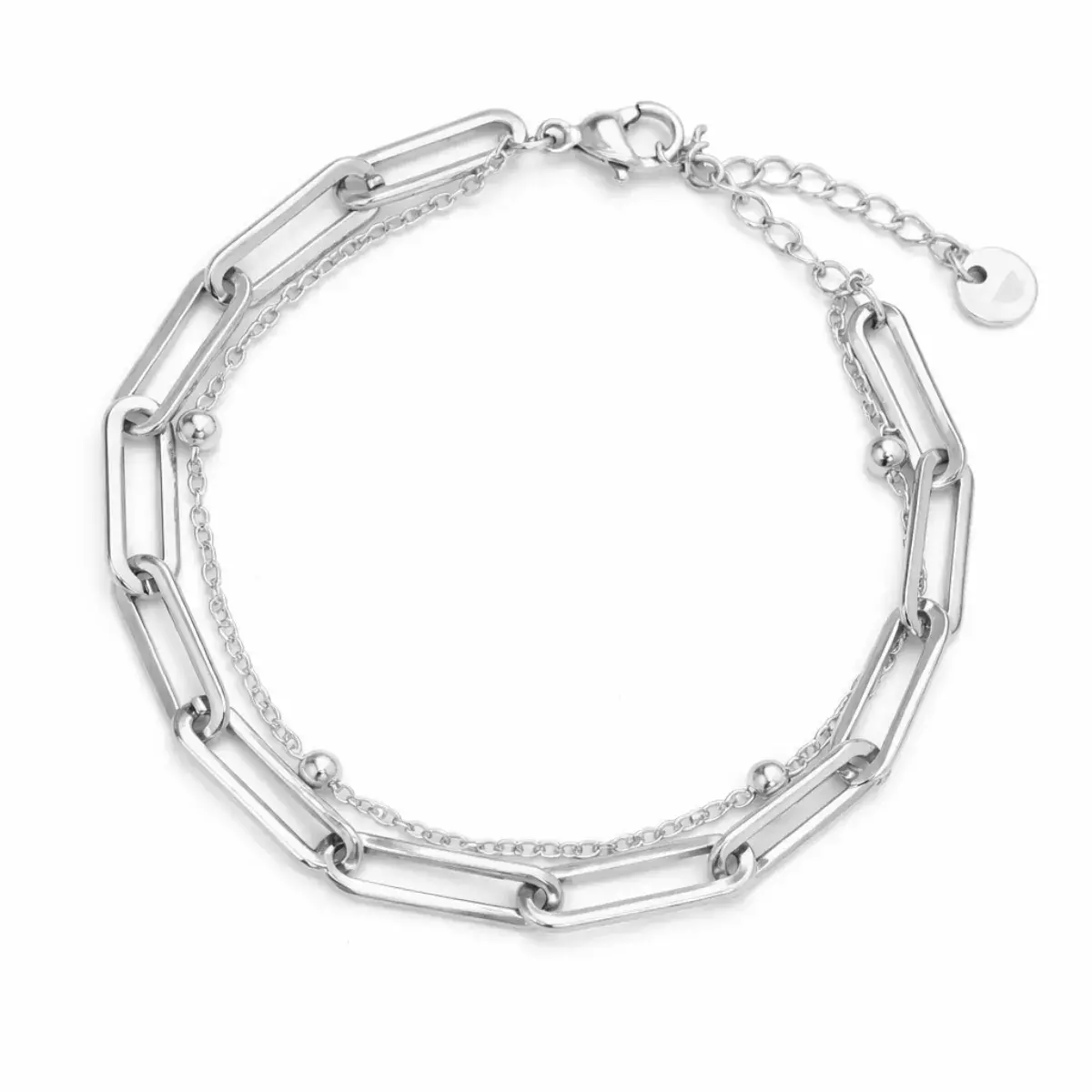 Pulsera Acero Doble Eslabon Oval Largo y Balines
