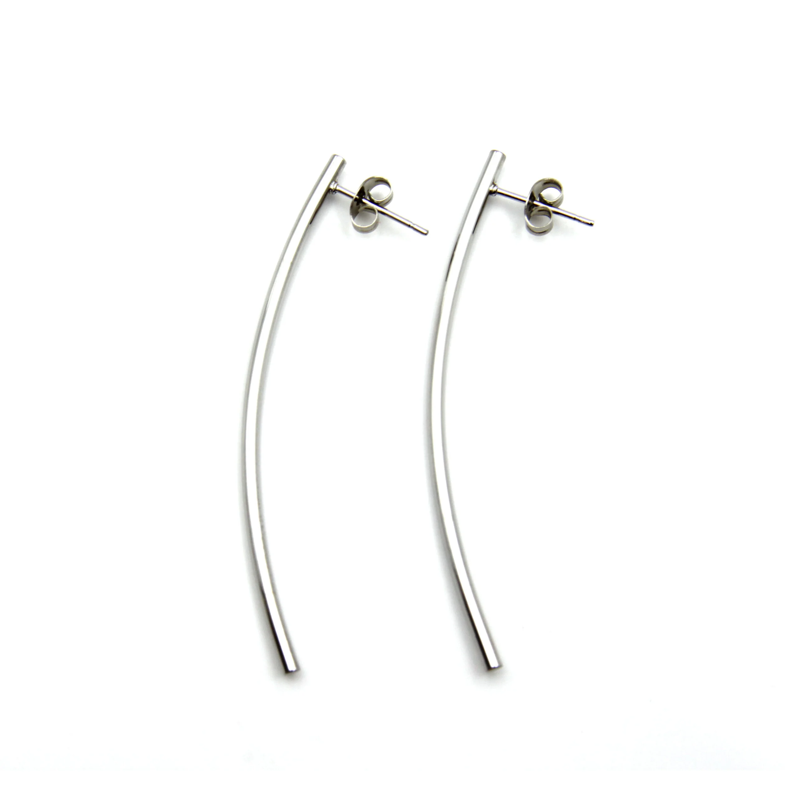 Aretes Acero Plateado Barita Tubular Curva Larga