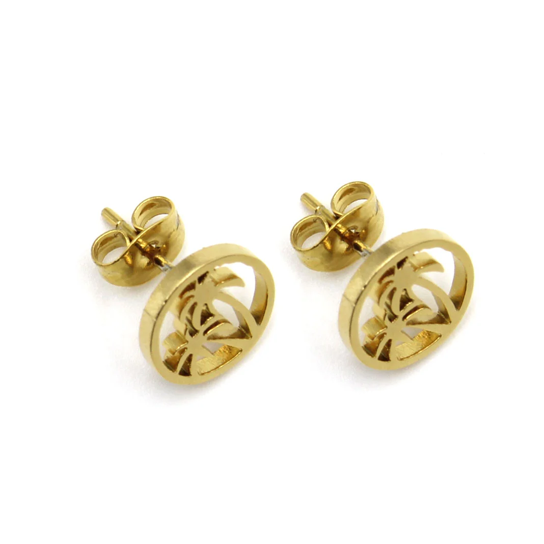 Set Joyeria Acero Dorado Cadena Aretes Dije Palma Playa