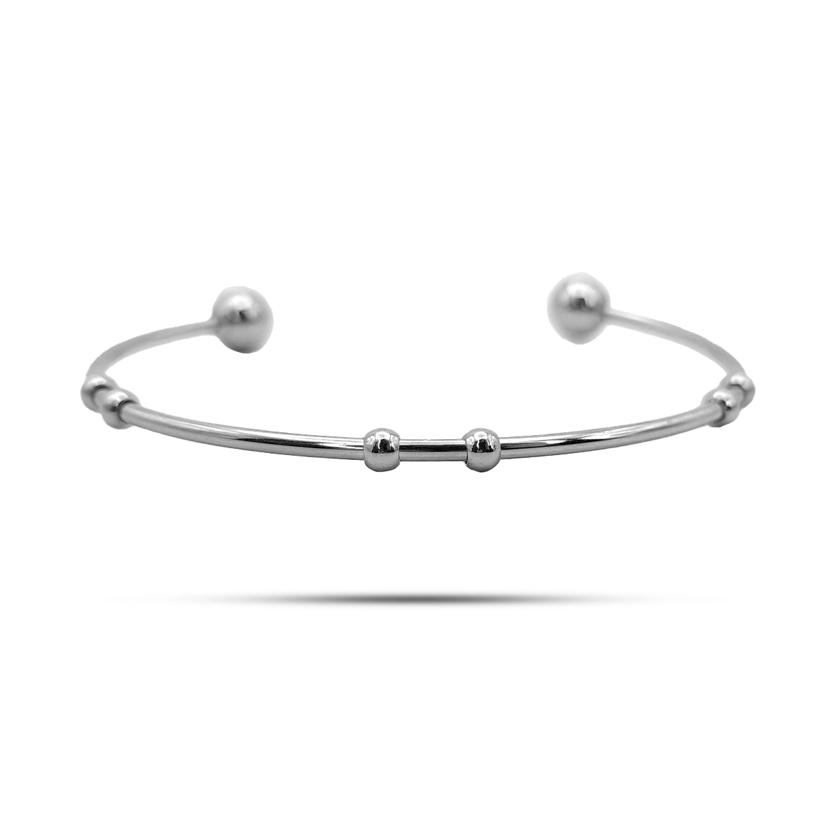 Pulsera Acero Plateado Brazalete Abierto Delgado Balines