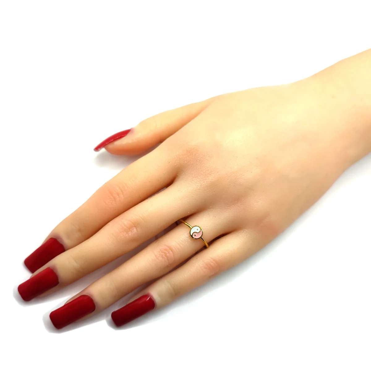 Anillo Acero Dorado Slim Delgado Yin Yang Rosa Ajustable