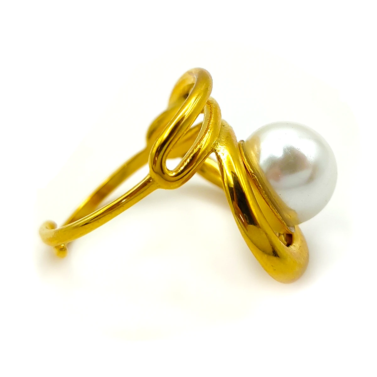 Anillo Acero Dorado Irregular Espiral Perla Ajustable