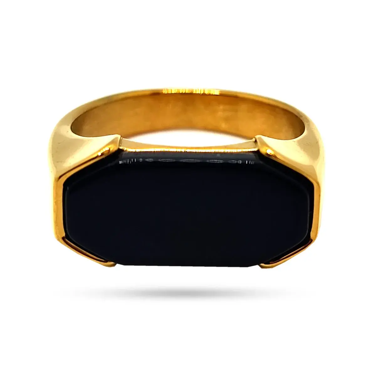 Anillo Acero Inox Dorado Rectangular Piedra Negra Onix