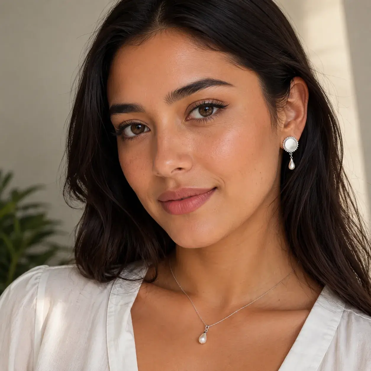 Aretes Acero Plateado de Clip Ajustable Perla Colgante