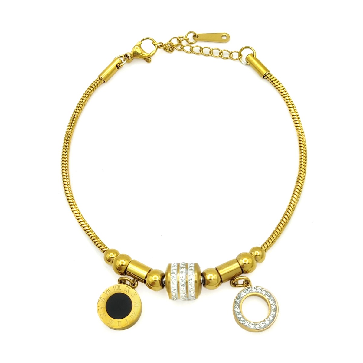 Pulsera Acero Dorado Cola de Rata Circulo Negro Resina