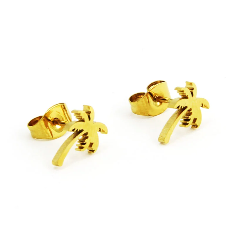 Aretes Tipo Broquel Acero Inoxidable Dorado Palmeras