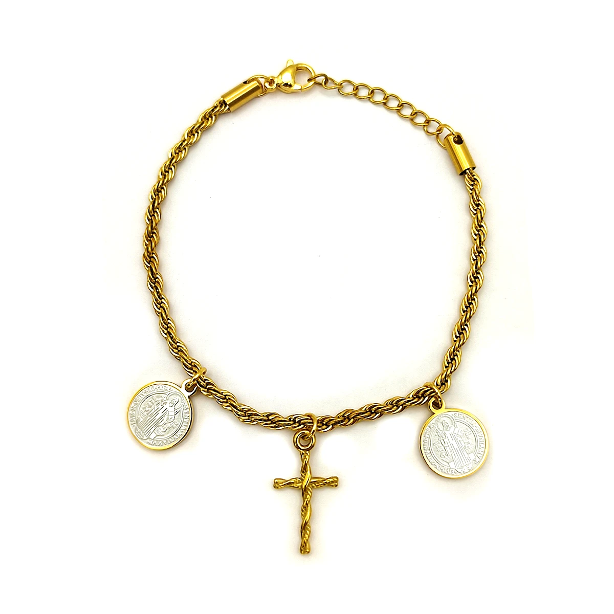 Pulsera Acero Medalla Bicolor San Benito Cruz Trenza