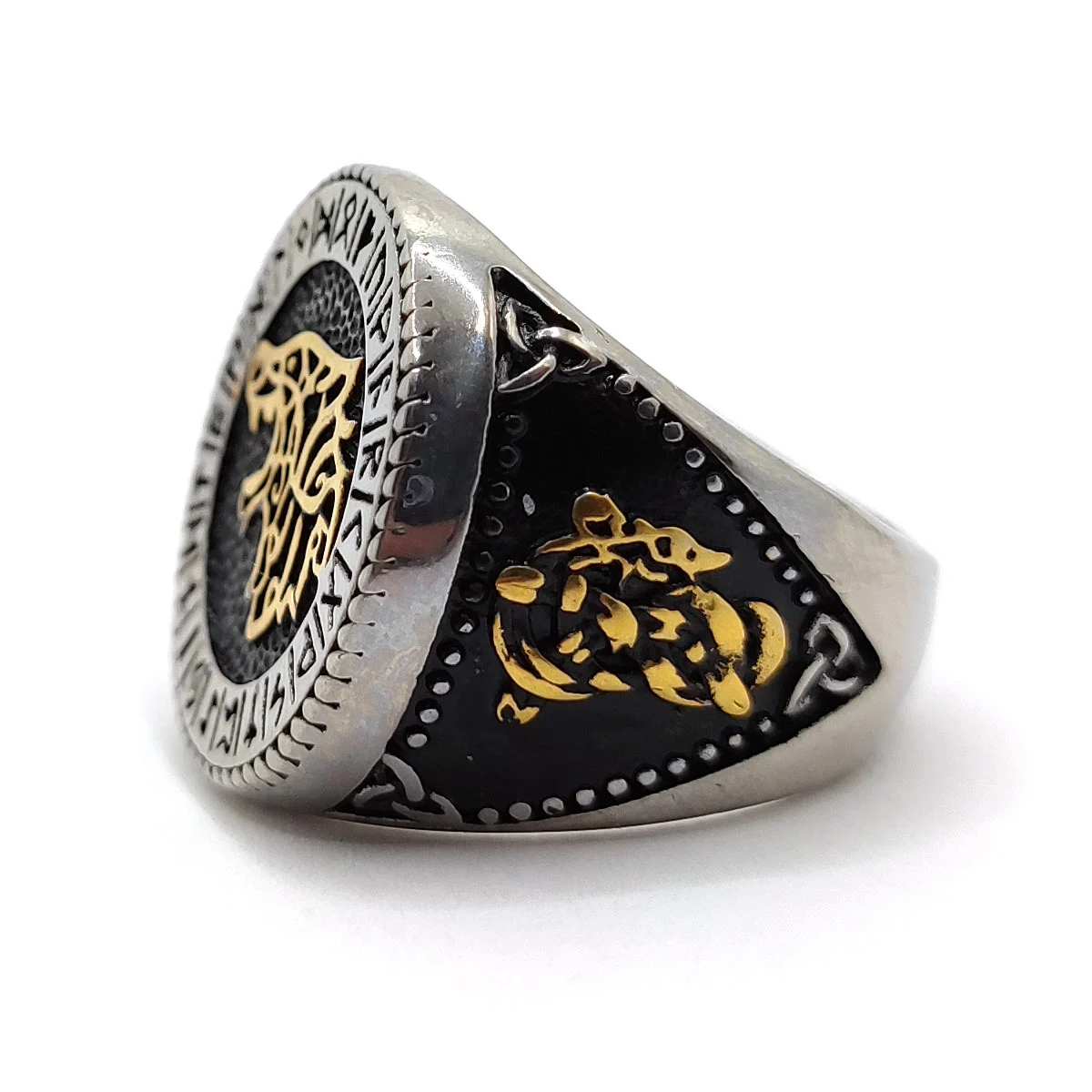Anillo Acero Inox Bicolor Lobo Vegvisir Runas Vikingas