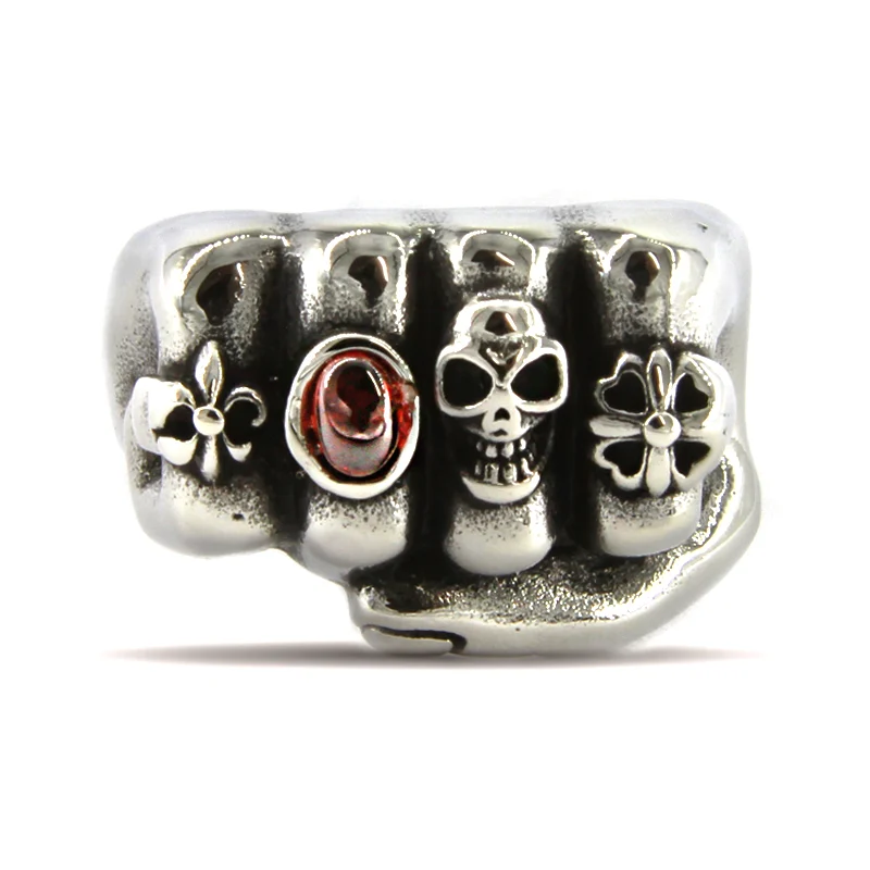 Anillo Acero Plateado Hombre Puño Rudo Calavera Gema