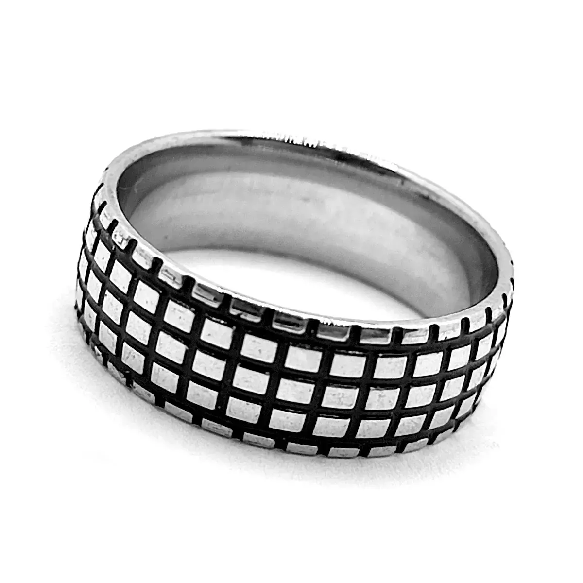 Anillo Acero Inox Plateado Cuadros Lineas Negras Moderno