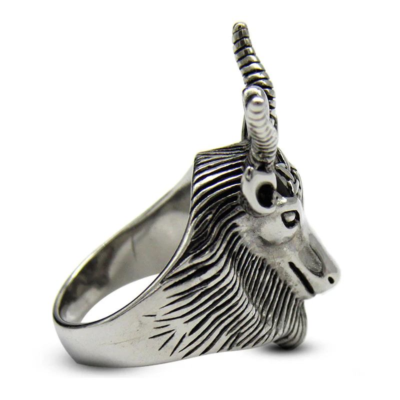 Anillo Acero Plata Cabeza Cabra Pentáculo Carnero Diablo