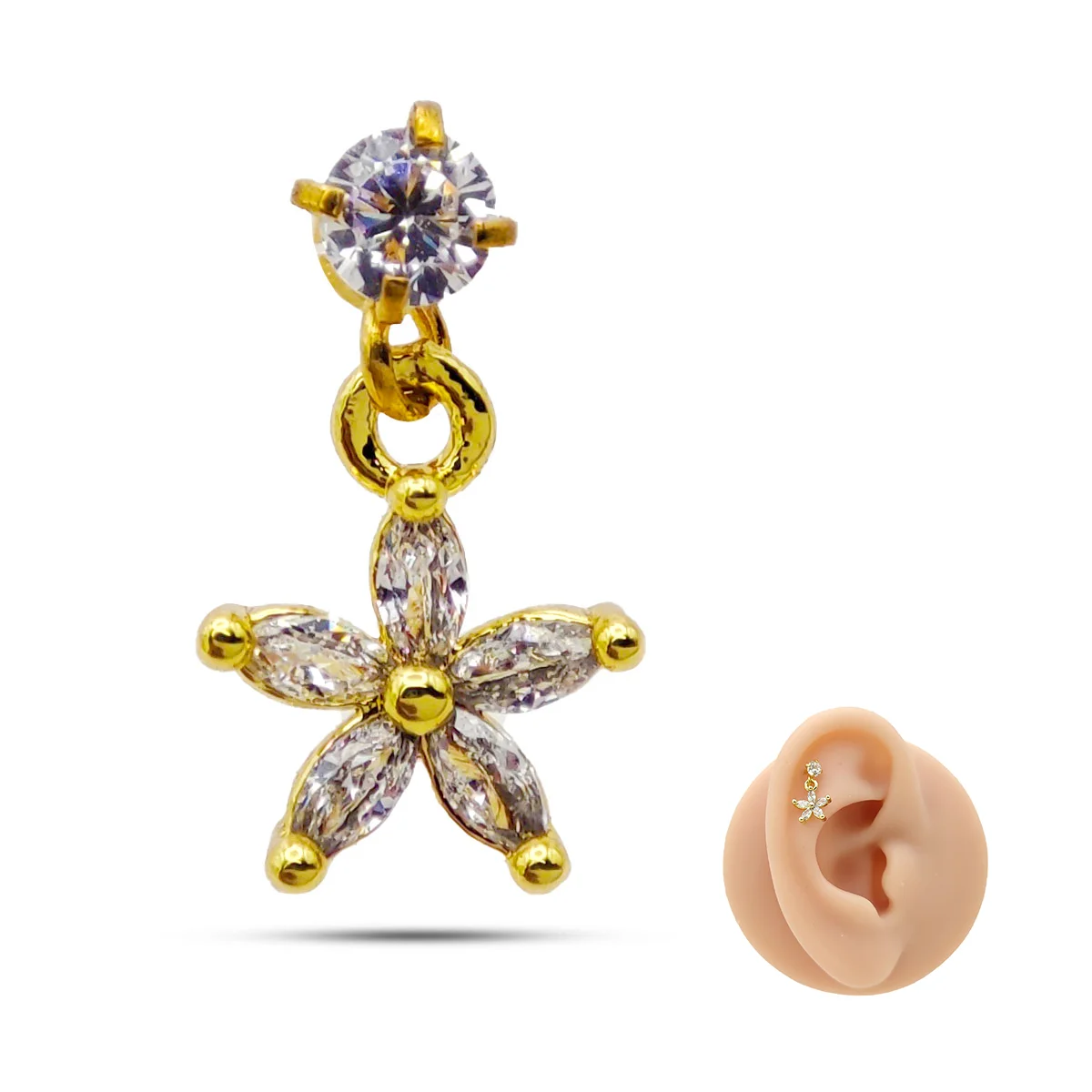Piercing de Oreja Acero Colgante Flor Petalos Zirconias