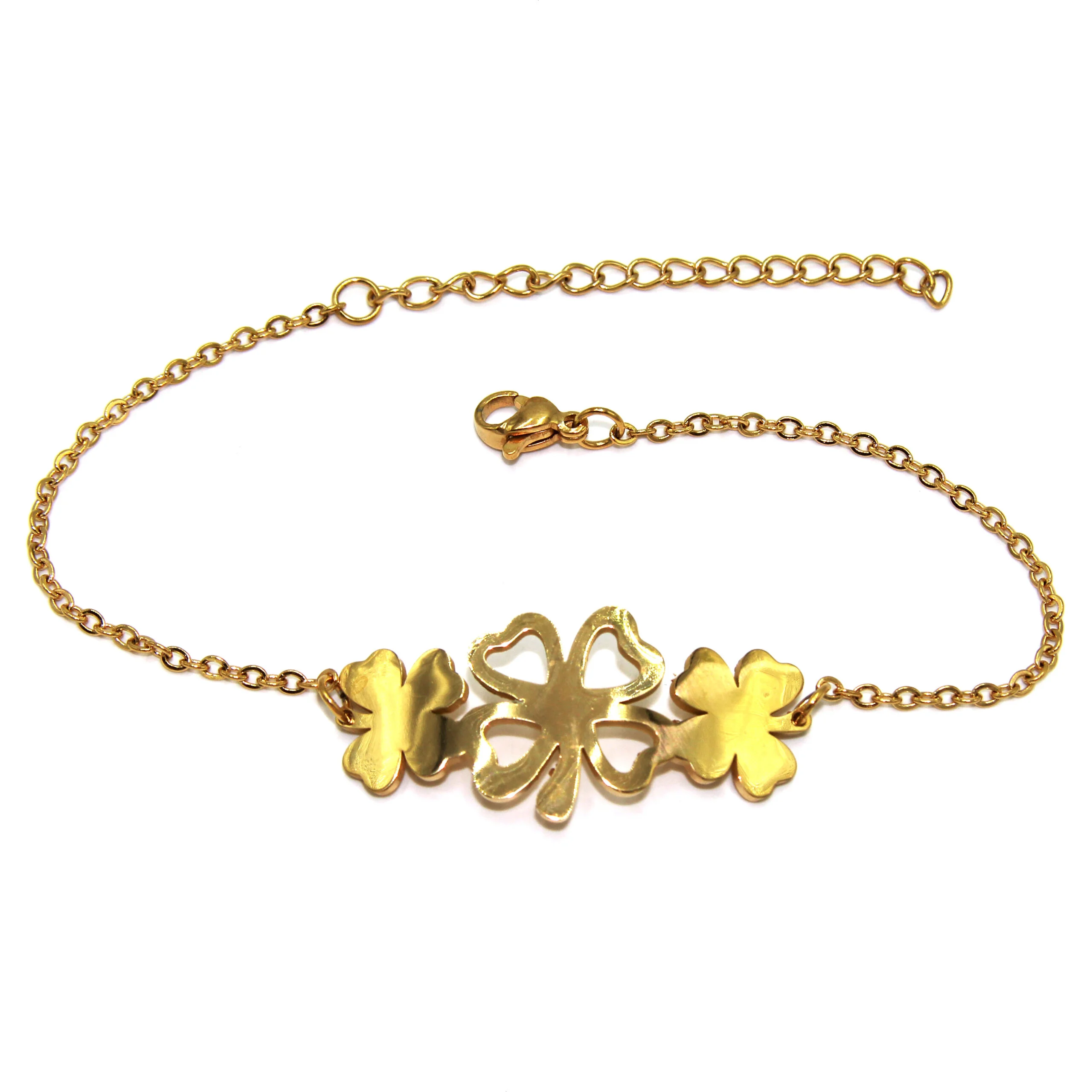 Pulsera Acero Dorado Triple Trébol Cuatro Hojas Suerte