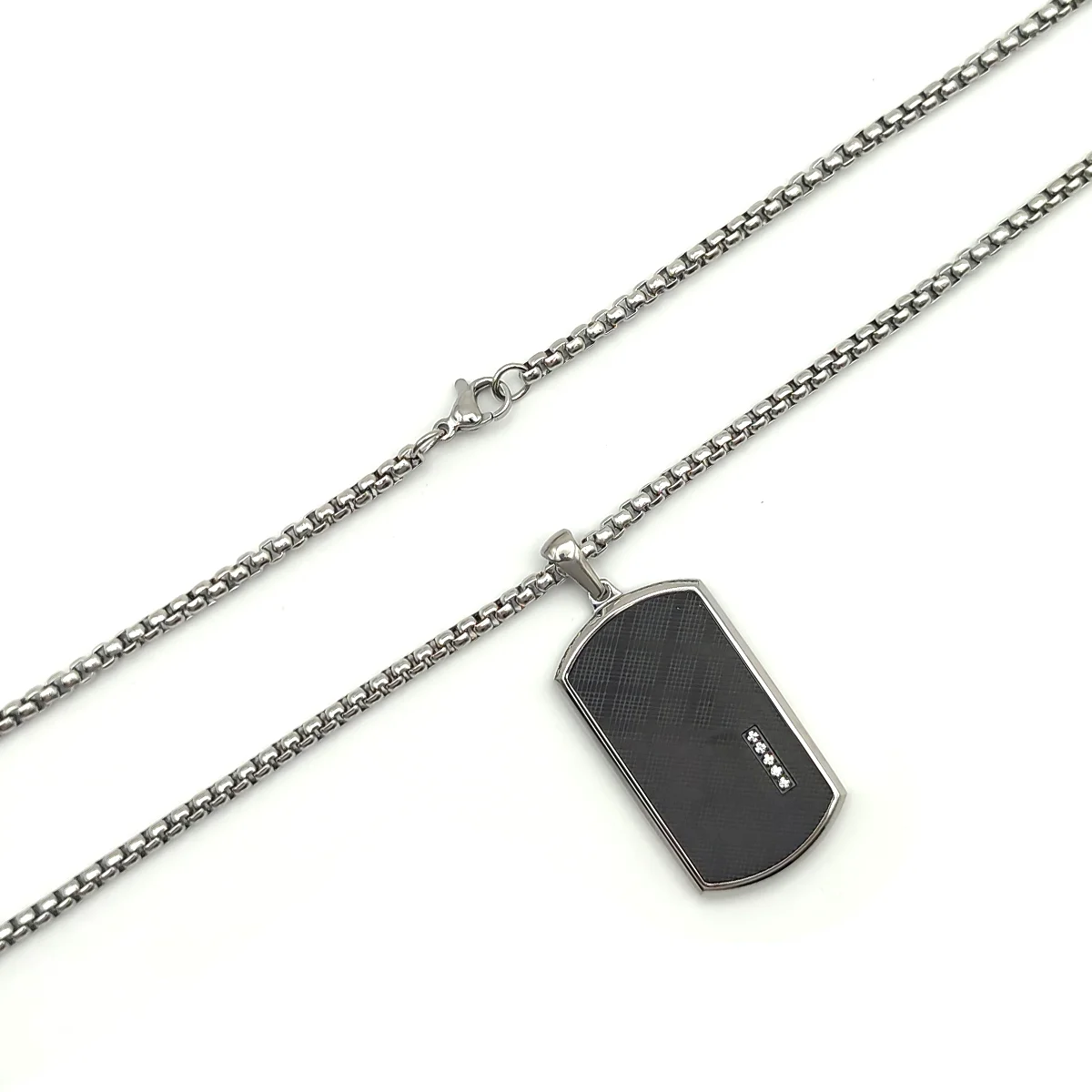 Collar Acero Plateado Placa Patrón Tartán Negro Cristales