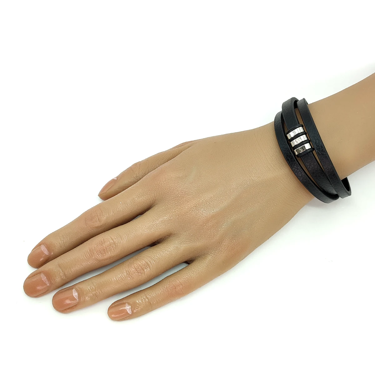 Pulsera Acero Plateado Piel Triple Cuentas Rectangulares