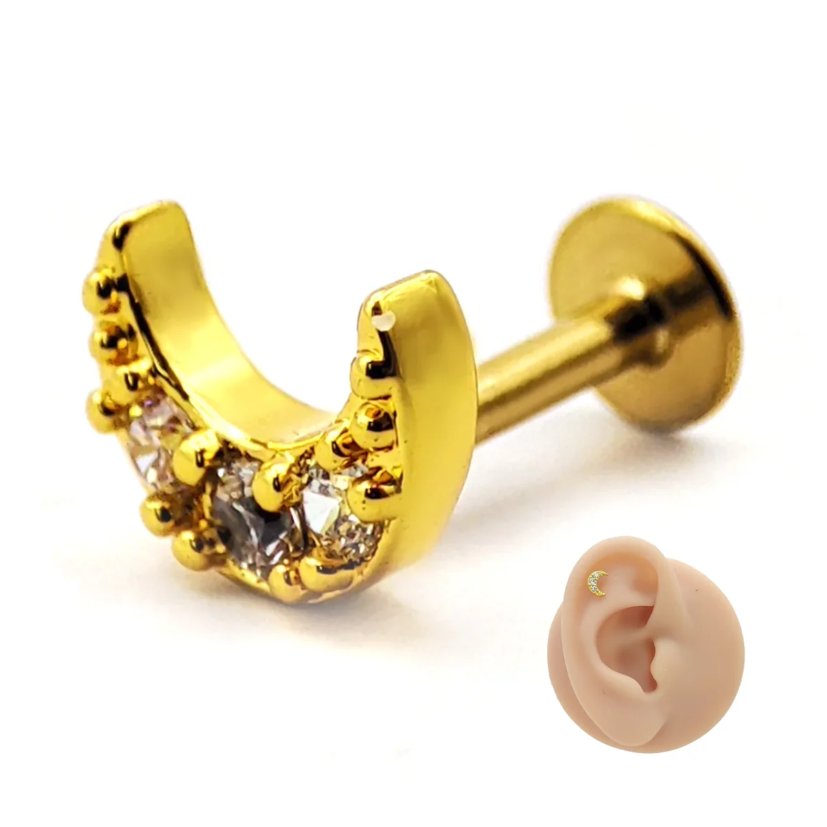 Piercing de Oreja Acero Luna Creciente Cristales Claros