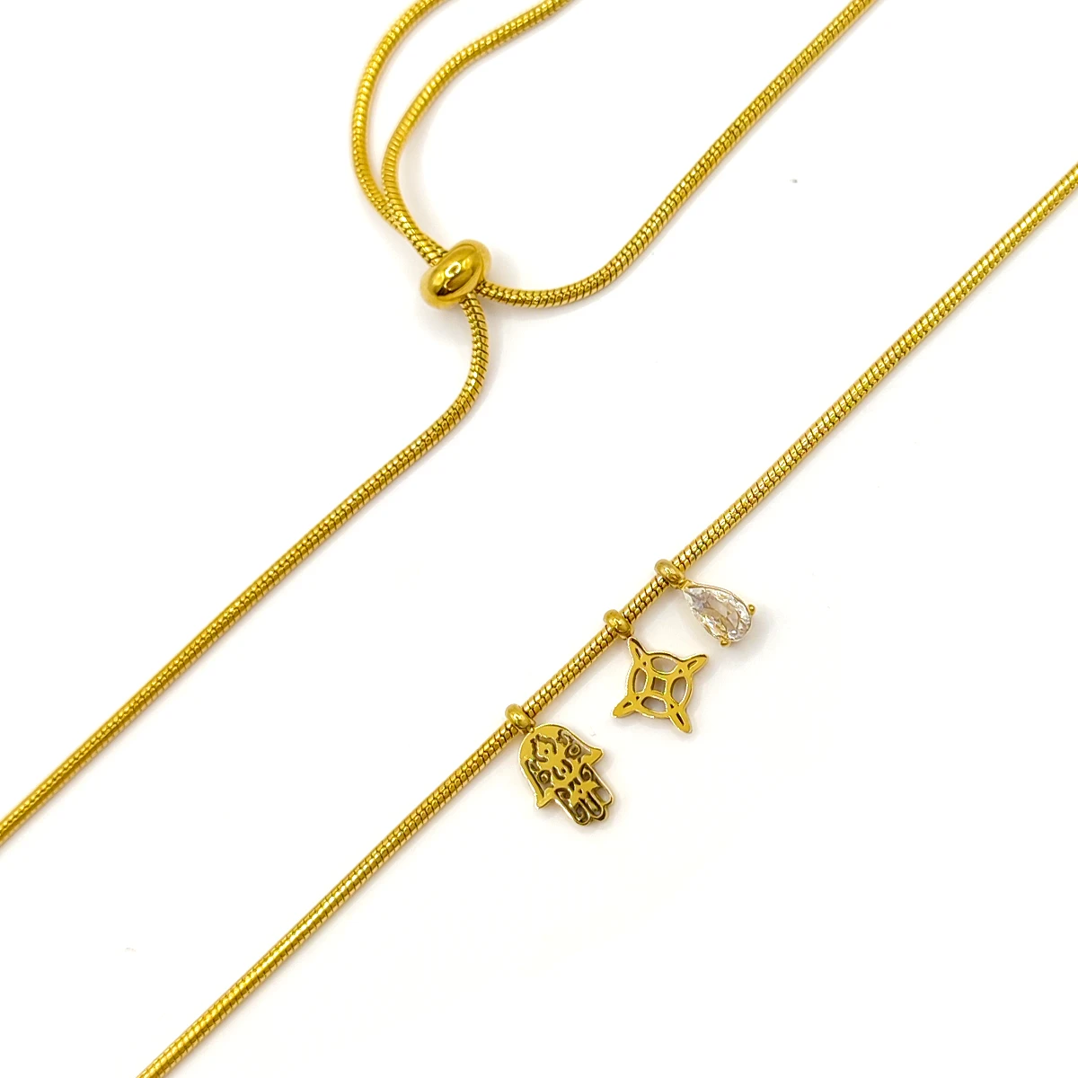 Collar Acero Dorado Nudo de Bruja Mano Fatima Proteccion