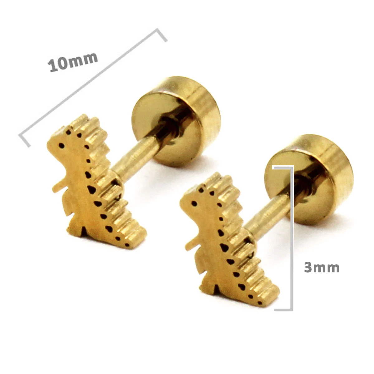 Aretes Tipo Broquel Dormilon Acero Dorado Dinosaurio
