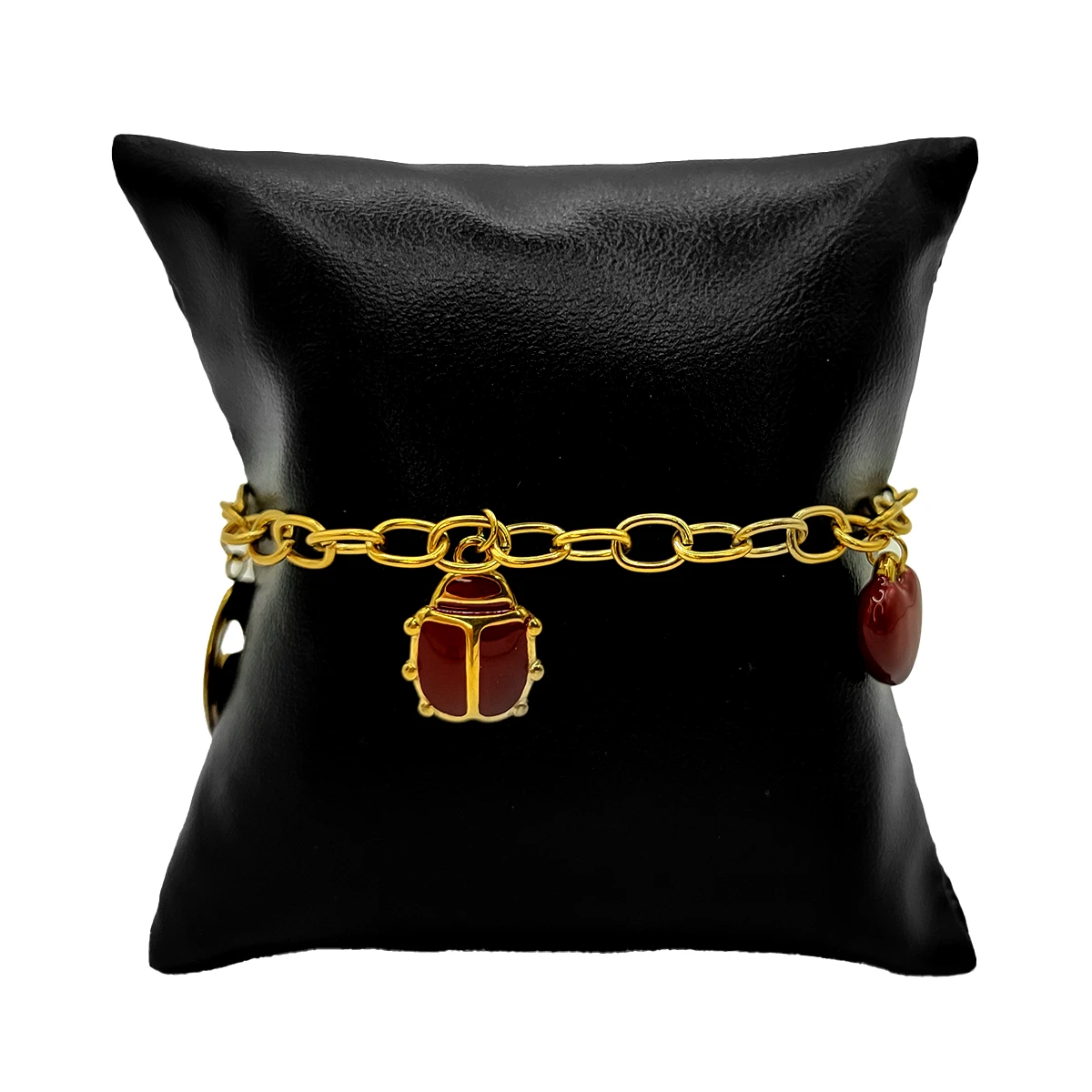 Pulsera Acero Dorado Colgante Ojo Catarina Corazon Rojo