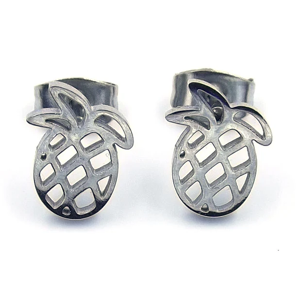 Aretes Acero Plateado Tipo Broquel Piña Tropical