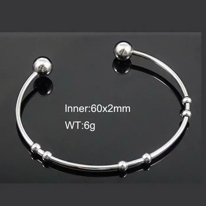 Pulsera Acero Plateado Brazalete Abierto Delgado Balines