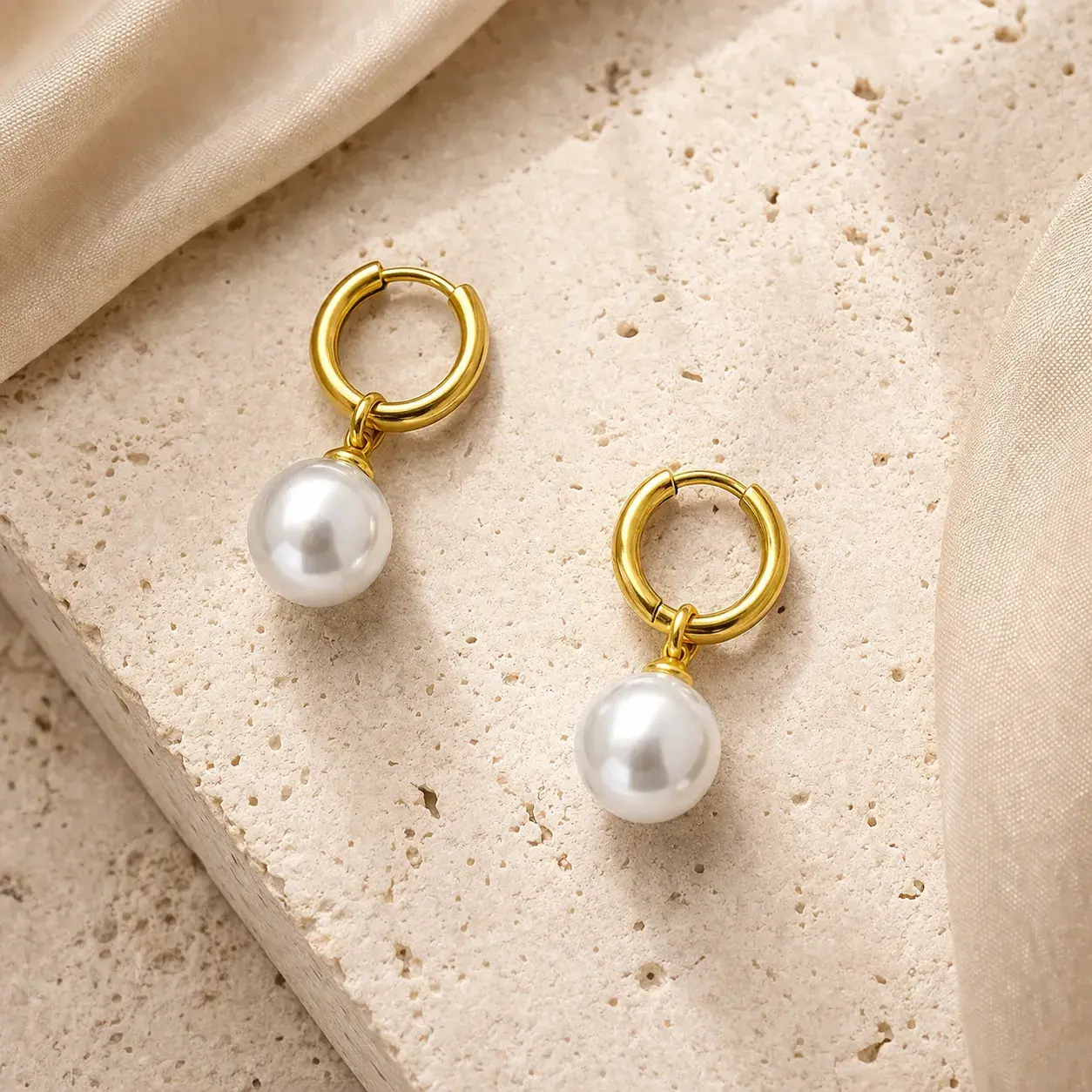 Aretes  Acero  Dorado Arracada Huggies Perla Colgante