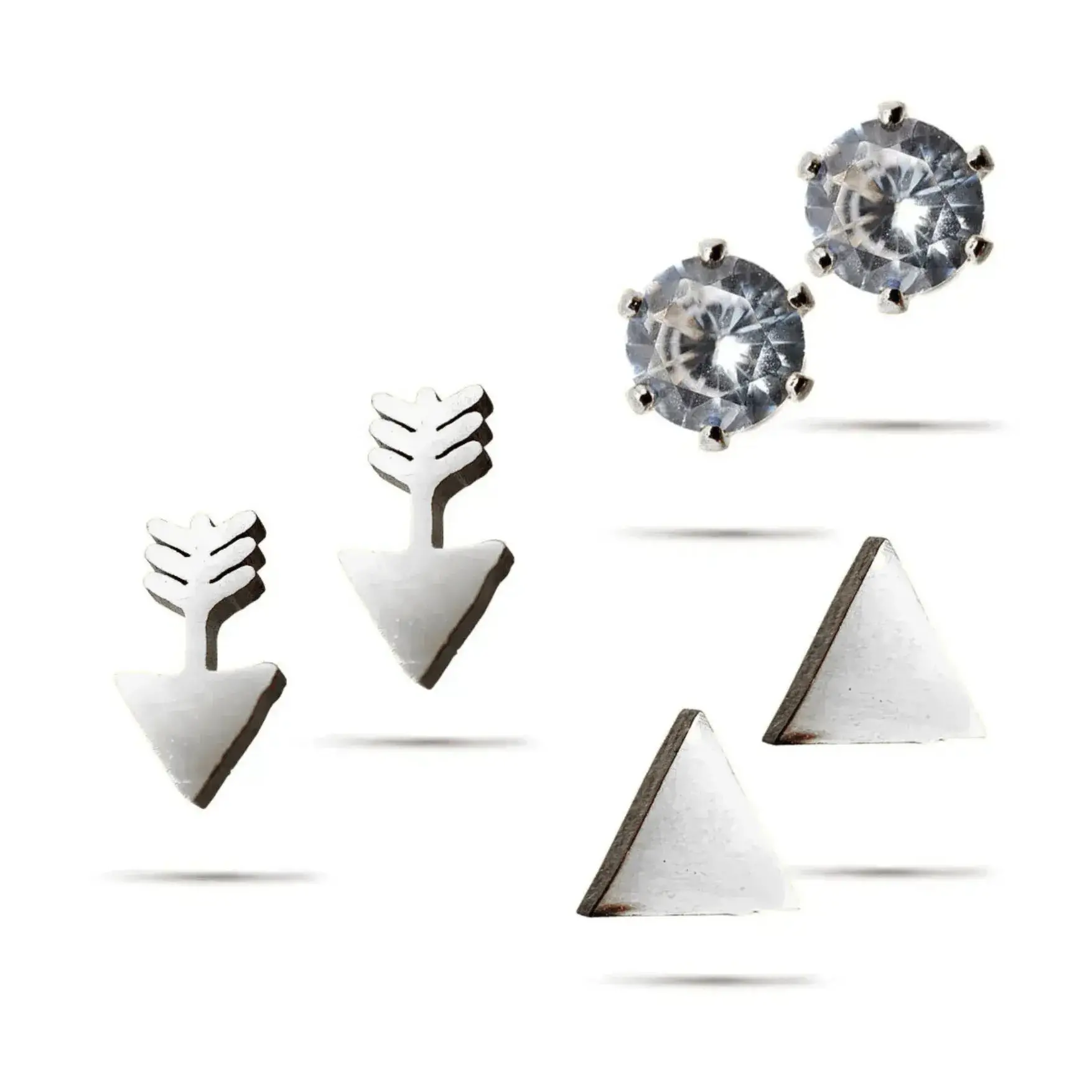 Set Aretes Acero Plateado Broqueles Flechas Triangulo