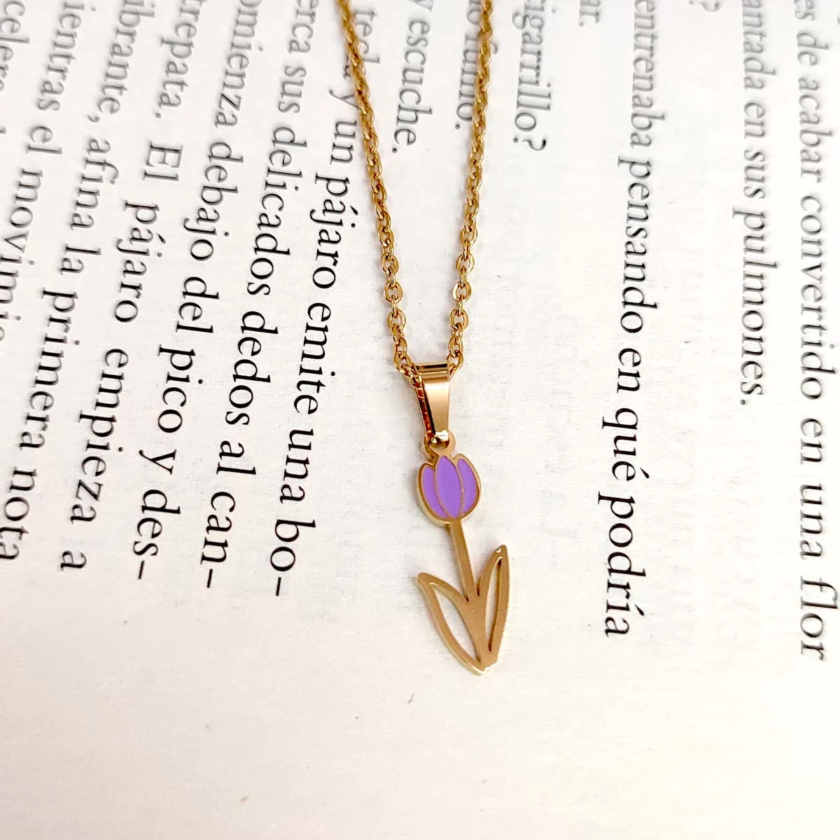 Set Joyeria Acero Inox Dorado Bella Flor Tulipan Morado