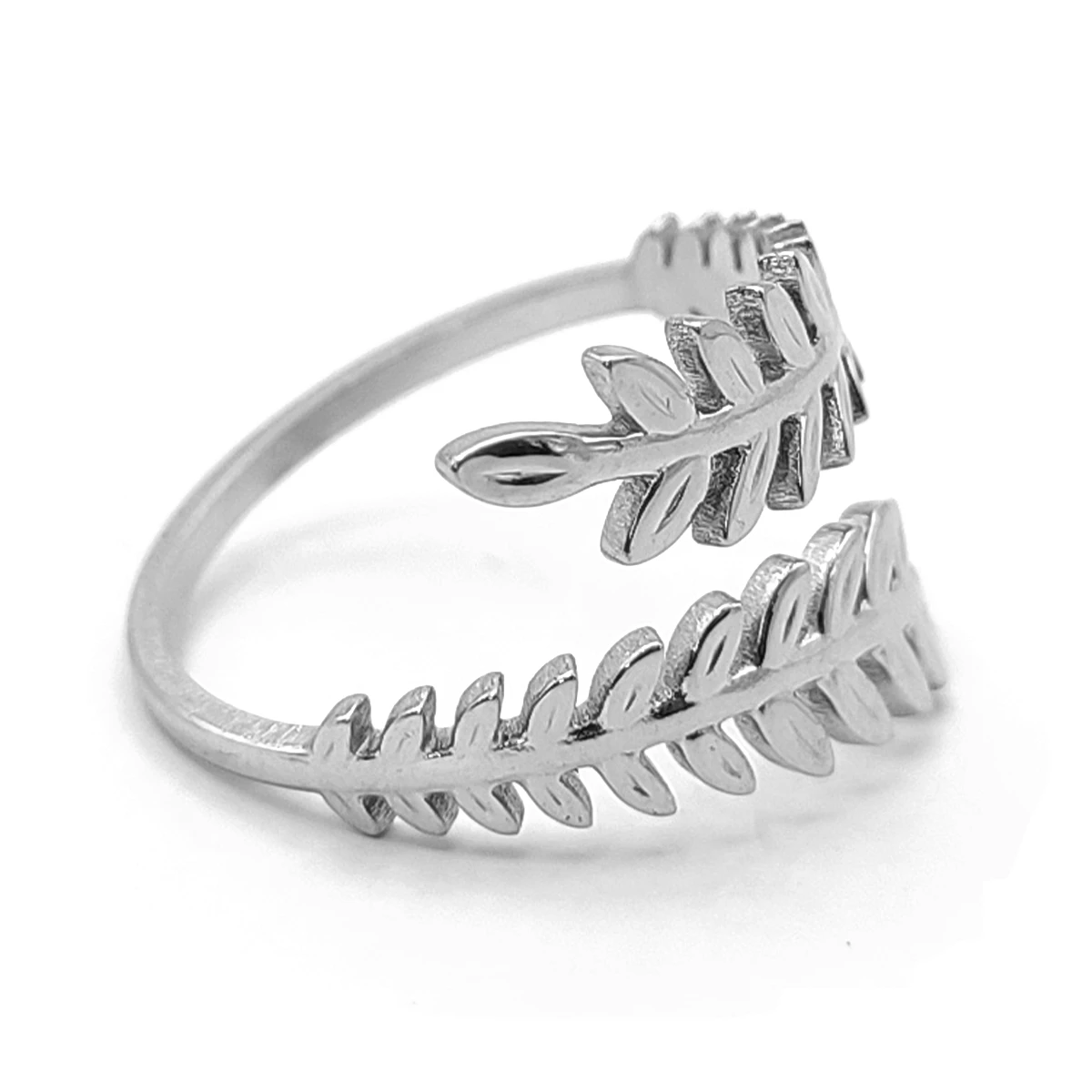 Anillo Acero Plateado Ajustable Doble Espiga Hojas