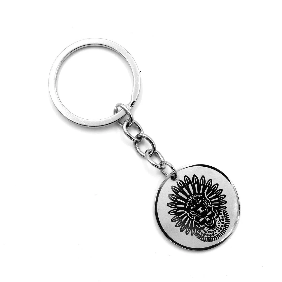Llavero Acero Inox Plateado Calavera Penacho Azteca