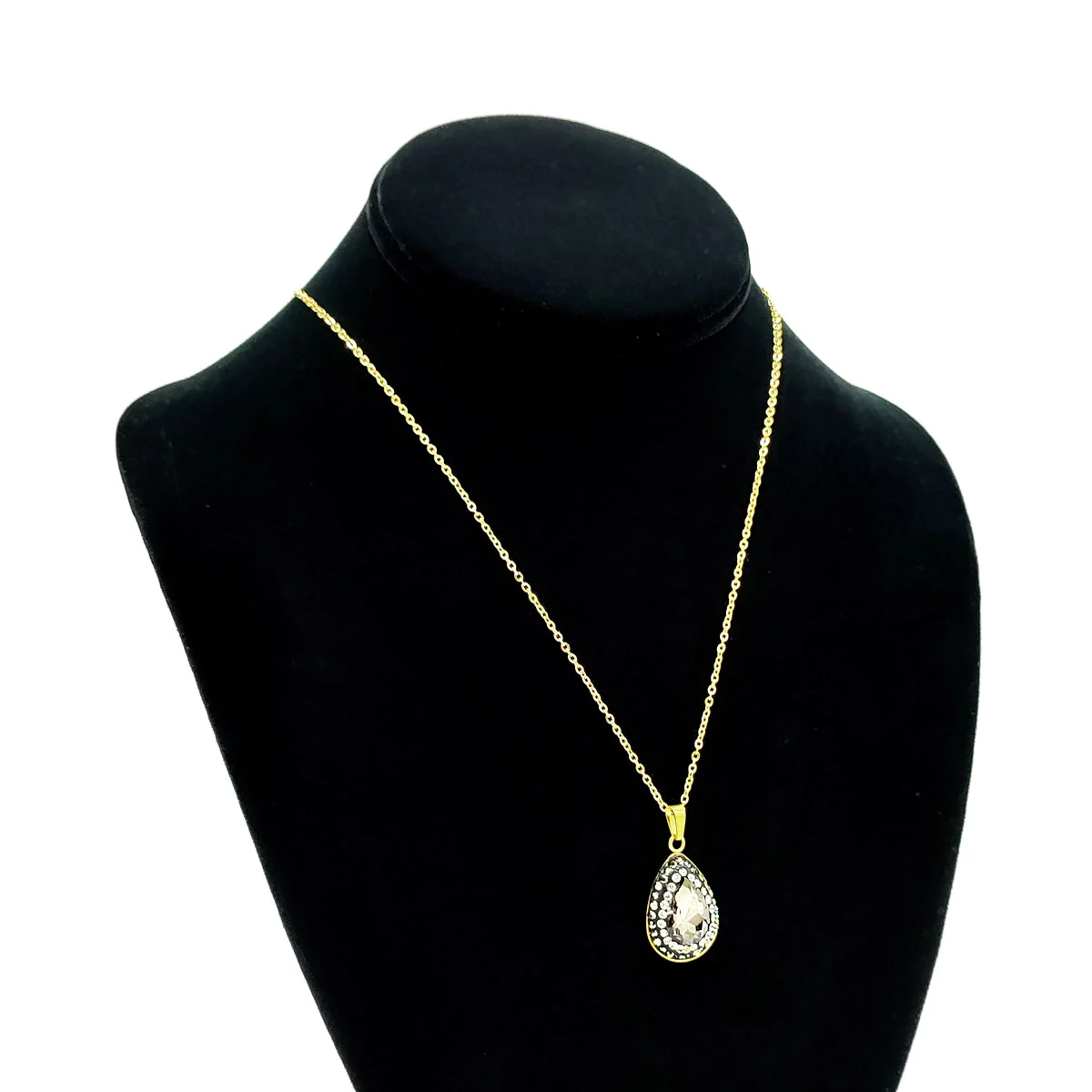 Set Joyeria Acero Inox Dorado Piedra Gota Transparente