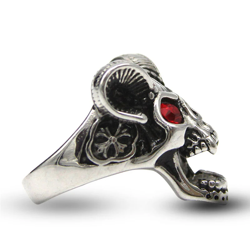Anillo Acero Inox Calavera Plateada Cuernos Ojos Rojos